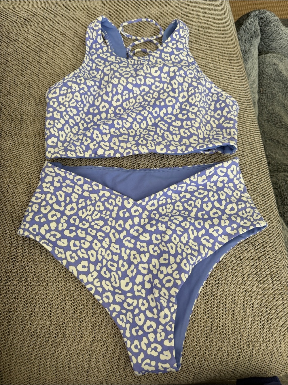 Lavender White Leopard High-Waist Bikini Set